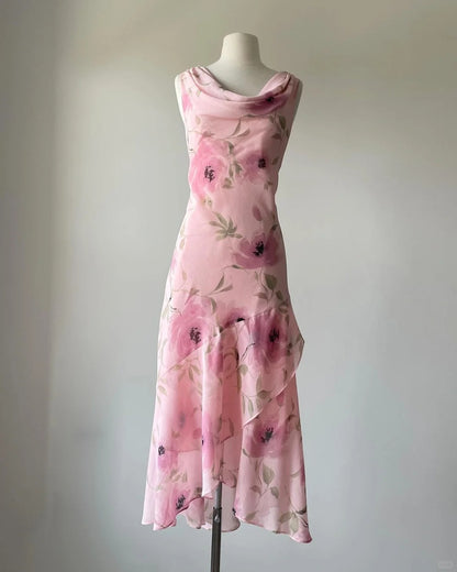Niedliches rosafarbenes bedrucktes ärmelloses Chiffon-Ballkleid mit Swing-Ausschnitt P3395
