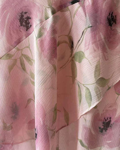 Niedliches rosafarbenes bedrucktes ärmelloses Chiffon-Ballkleid mit Swing-Ausschnitt P3395