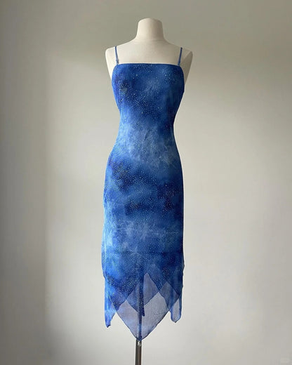 Atemberaubendes blaues Spaghettiträger-Perlen-Abendkleid P3396