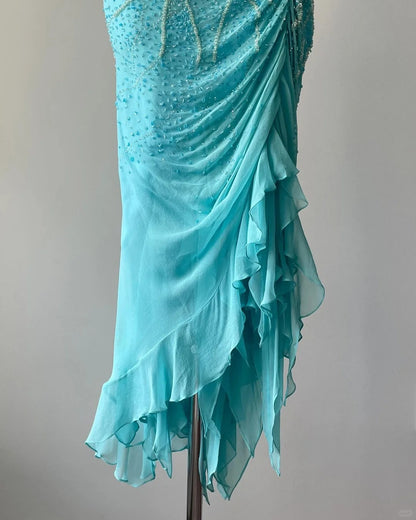 Elegantes blaues trägerloses Meerjungfrauen-Abendkleid aus Chiffon mit Perlen P3397