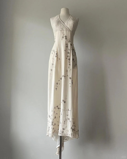 Elegant White Halter Neck Chiffon Beaded Prom Dress P3398