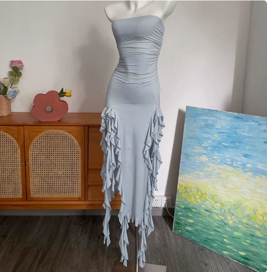 Sexy Hot Girl Tube Top Slit Ruffled Prom Dress P3400