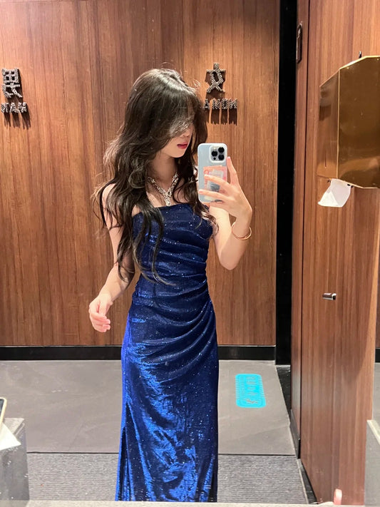 Shiny Strapless Sapphire Blue High Slit Mermaid Evening Dress Prom Dress P3402