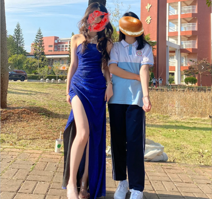 Glänzendes trägerloses saphirblaues Meerjungfrauen-Abendkleid mit hohem Schlitz Ballkleid P3402