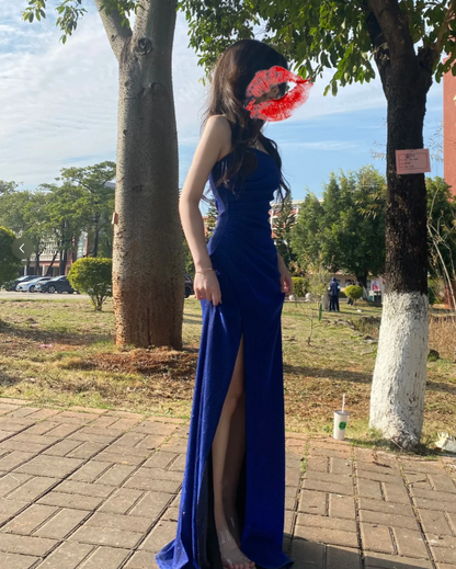 Shiny Strapless Sapphire Blue High Slit Mermaid Evening Dress Prom Dre