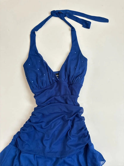 Elegantes, königsblaues Neckholder-Chiffon-Minikleid für den Abschlussball P3406