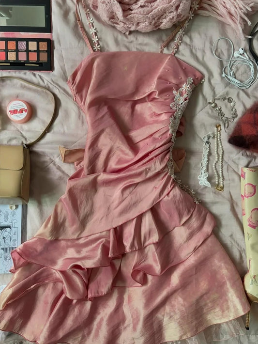 Cute Pink Spaghetti Strap Laser Ruffle Homecoming Dress P3411