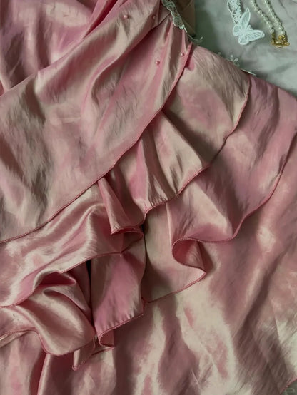 Niedliches rosa Spaghettiträger-Kleid mit Laser-Rüschen für den Abschlussball P3411