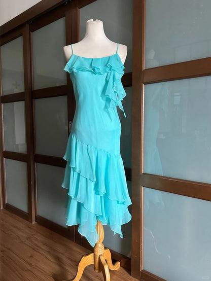 Wunderschönes blaues Chiffon-Rüschen-Heimkehrkleid P3412