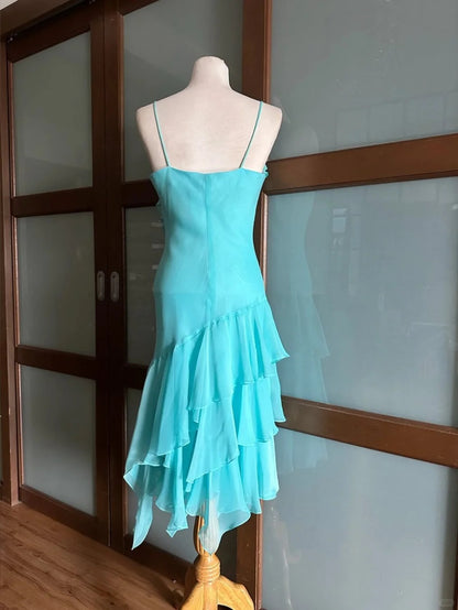 Wunderschönes blaues Chiffon-Rüschen-Heimkehrkleid P3412