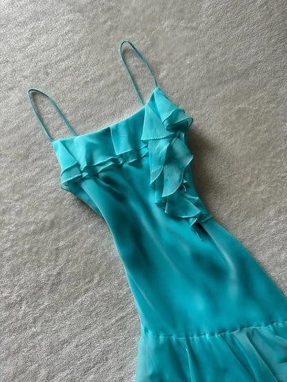 Wunderschönes blaues Chiffon-Rüschen-Heimkehrkleid P3412