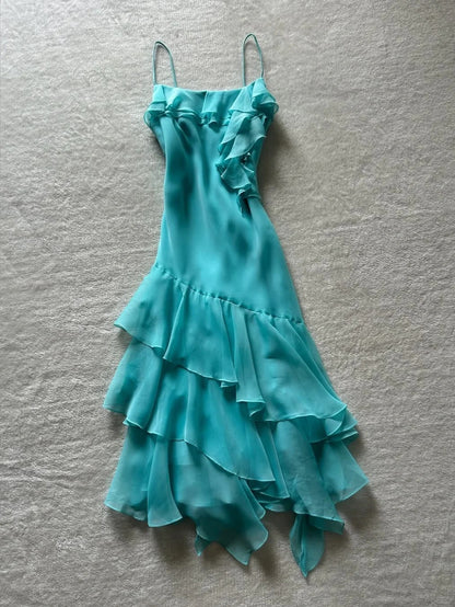 Wunderschönes blaues Chiffon-Rüschen-Heimkehrkleid P3412