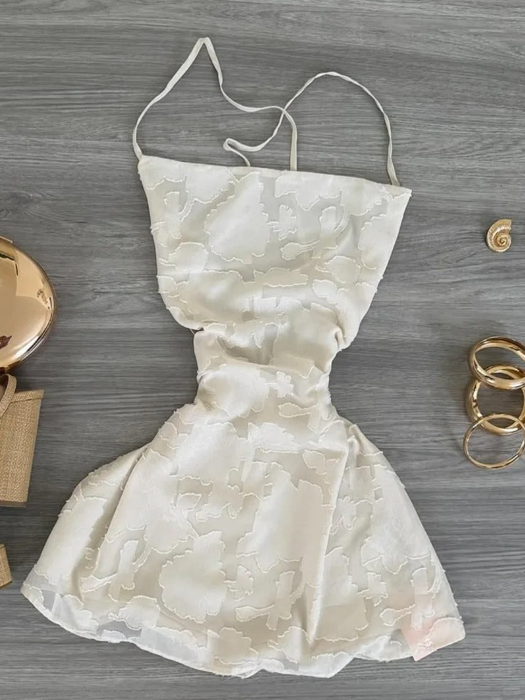 Spaghetti Strap White Embroidered Tie Back Mini Homecoming Dress P3413