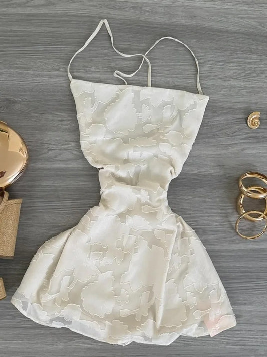 Spaghetti Strap White Embroidered Tie Back Mini Homecoming Dress P3413