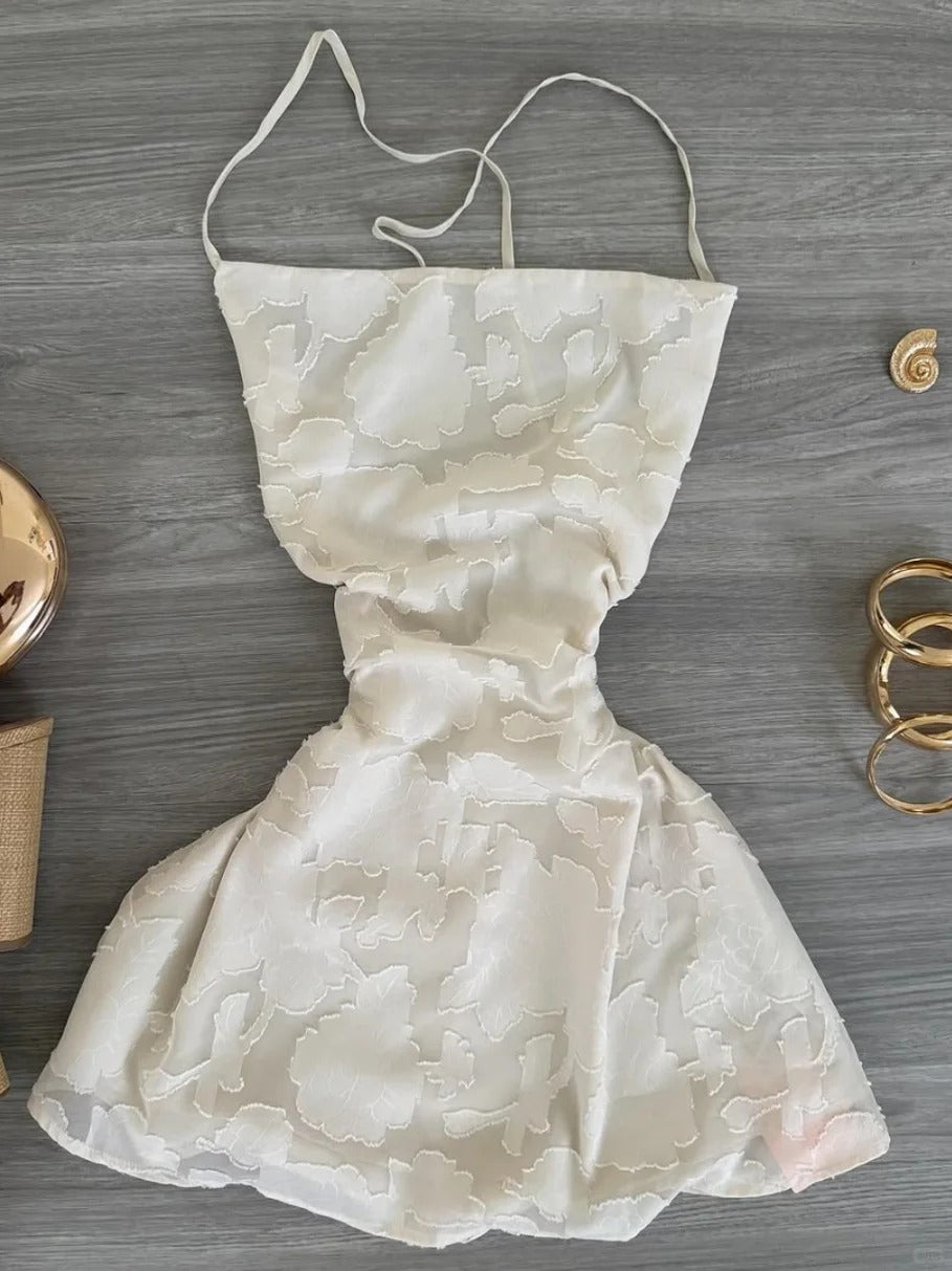 Spaghetti Strap White Embroidered Tie Back Mini Homecoming Dress P3413
