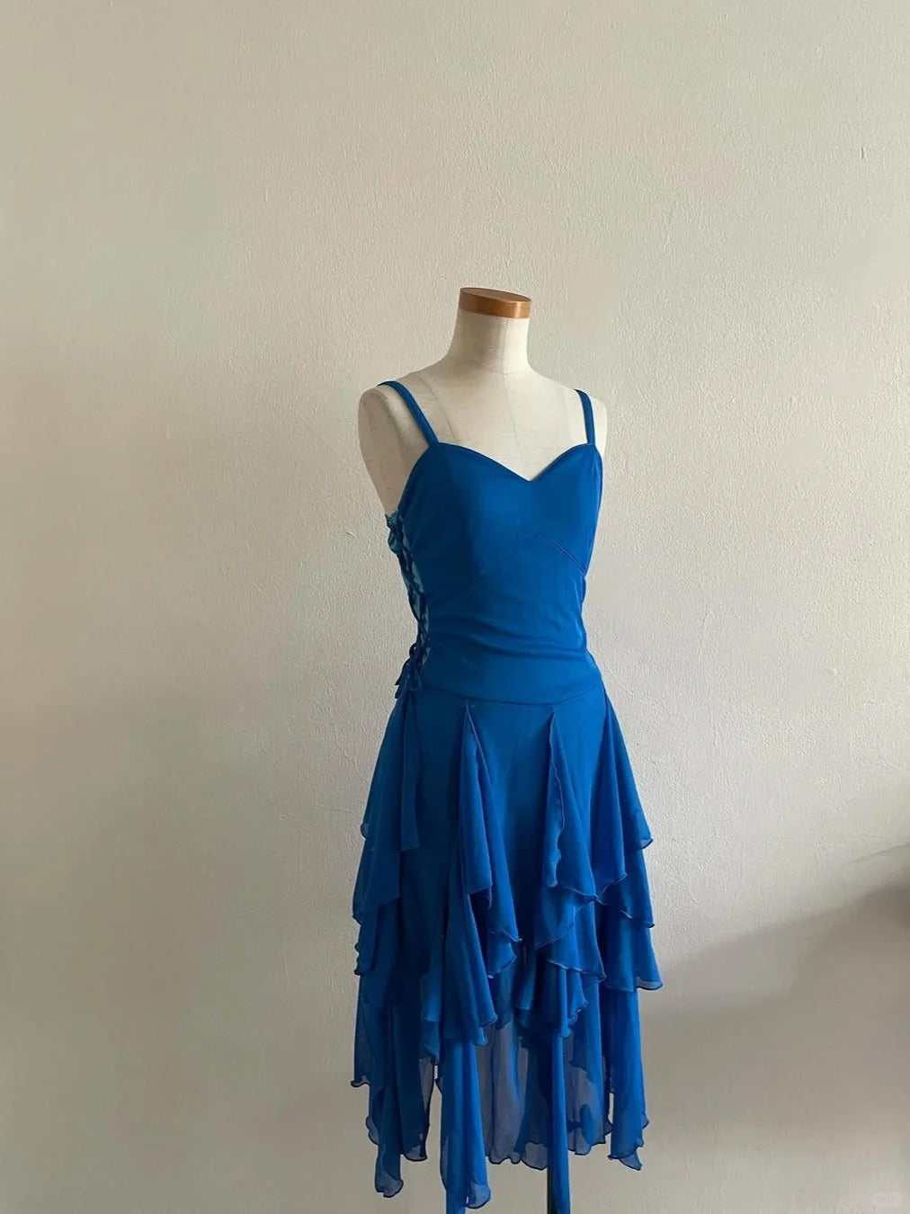 Lovely Royal Blue Chiffon Ruffle Spaghetti Strap Homecoming Dress P3417