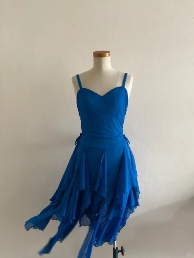 Lovely Royal Blue Chiffon Ruffle Spaghetti Strap Homecoming Dress P3417