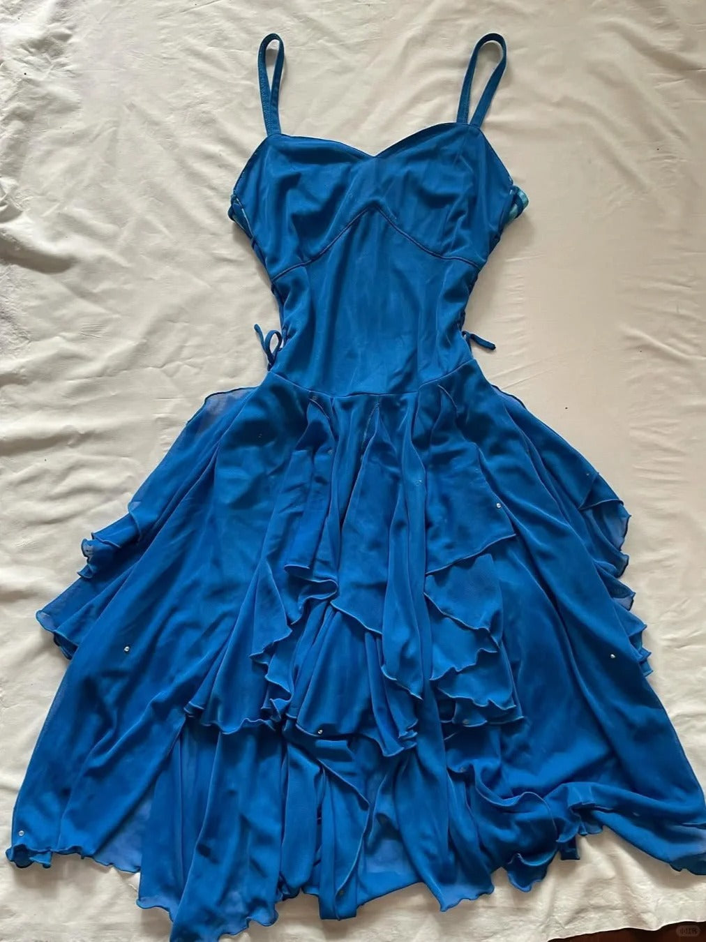 Lovely Royal Blue Chiffon Ruffle Spaghetti Strap Homecoming Dress P3417
