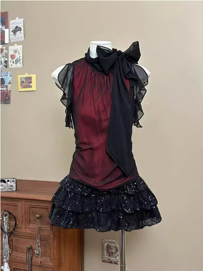 Vintage Burgund Rot Schleife Schwarz Pailletten Mini Heimkehrkleid P3423