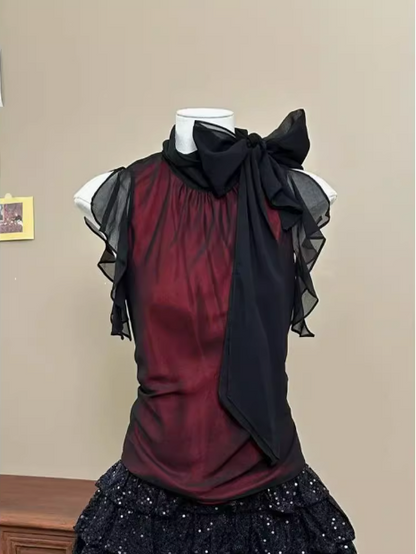 Vintage Burgund Rot Schleife Schwarz Pailletten Mini Heimkehrkleid P3423