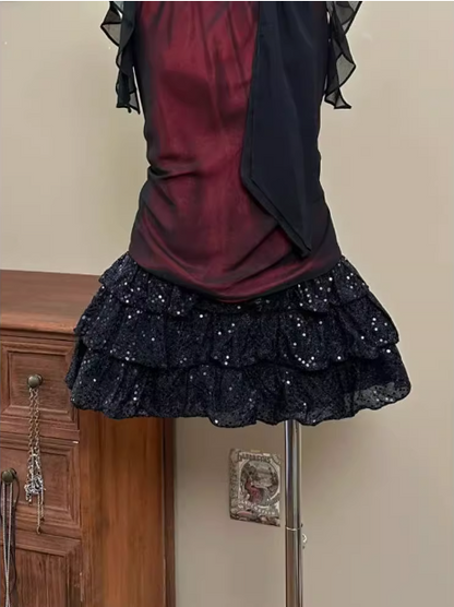 Vintage Burgund Rot Schleife Schwarz Pailletten Mini Heimkehrkleid P3423