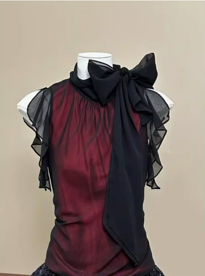 Vintage Burgund Rot Schleife Schwarz Pailletten Mini Heimkehrkleid P3423