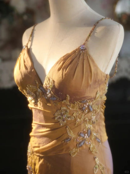 Schönes Meerjungfrau Spaghettiträger Perlen Langes Ballkleid P3425