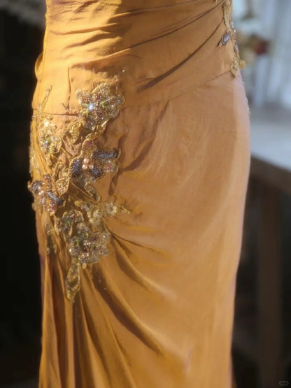 Schönes Meerjungfrau Spaghettiträger Perlen Langes Ballkleid P3425