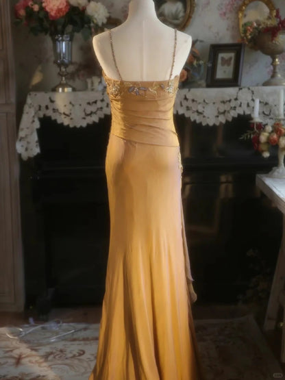 Schönes Meerjungfrau Spaghettiträger Perlen Langes Ballkleid P3425