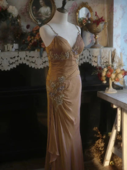 Schönes Meerjungfrau Spaghettiträger Perlen Langes Ballkleid P3425