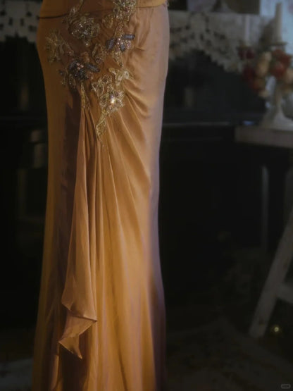 Schönes Meerjungfrau Spaghettiträger Perlen Langes Ballkleid P3425
