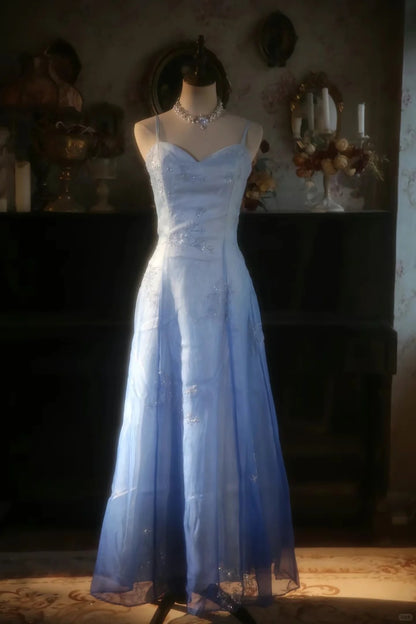 Vintage Gradient Blue Spaghetti Strap Beaded Tulle Long Prom Dress P3427