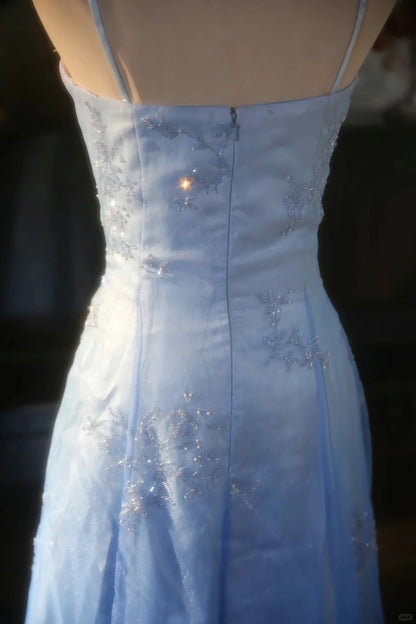 Vintage Gradient Blue Spaghetti Strap Beaded Tulle Long Prom Dress P3427