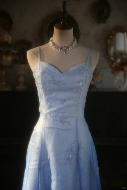 Vintage Gradient Blue Spaghetti Strap Beaded Tulle Long Prom Dress P3427