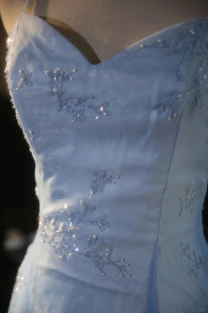 Vintage Gradient Blue Spaghetti Strap Beaded Tulle Long Prom Dress P3427