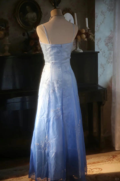 Vintage Gradient Blue Spaghetti Strap Beaded Tulle Long Prom Dress P3427