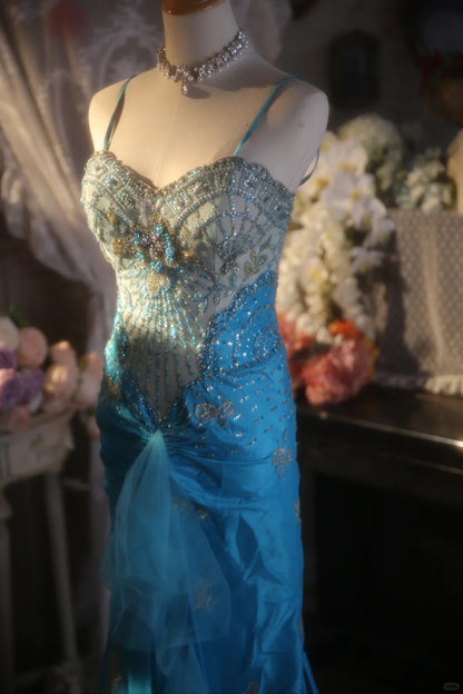 green emerald velvet dress Vintage Beaded Strapless Blue Satin Gold Embroidery Train Prom Dress P –  PreppyDress