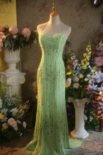 Frisches grünes Chiffon Perlen rückenfreies Meerjungfrauen langes Ballkleid P3431