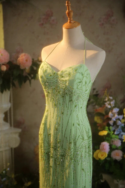 Fresh Green Chiffon Beaded Backless Mermaid Long Prom Dress P3431   PreppyDress