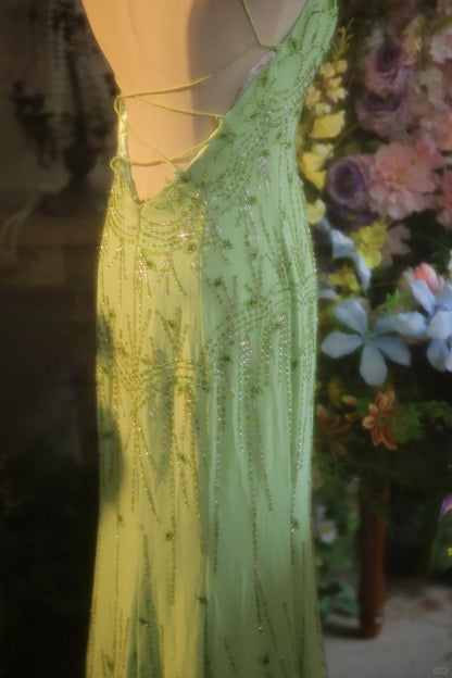 Fresh Green Chiffon Beaded Backless Mermaid Long Prom Dress P3431 PreppyDress Fresh Green Chiffon Beaded Backless Mermaid Long Prom Dress P3431 PreppyDress