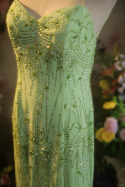 Frisches grünes Chiffon Perlen rückenfreies Meerjungfrauen langes Ballkleid P3431