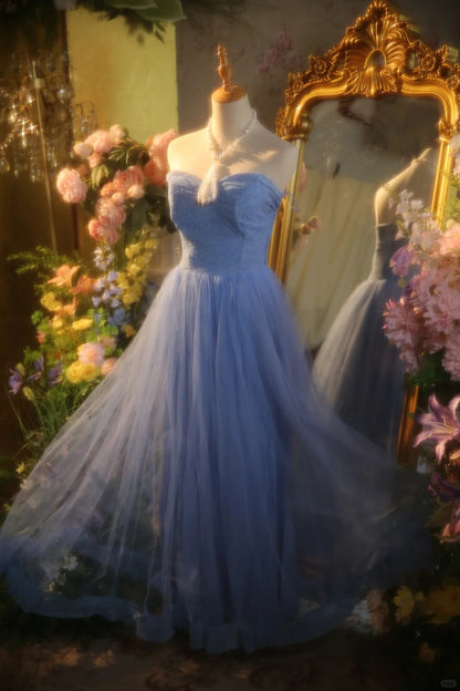 Elegant Blue Sweetheart Neckline Lace Patchwork A-line Floor-length Prom  Dress P3432
