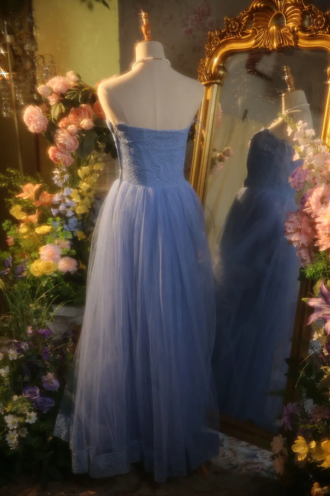 Elegant Blue Sweetheart Neckline Lace Patchwork A-line Floor-length Pr PreppyDress Elegant Blue Sweetheart Neckline Lace Patchwork A-line Floor-length Pr PreppyDress