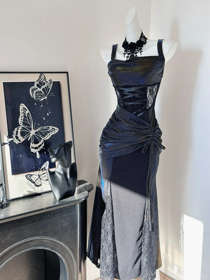 Atemberaubendes schwarzes Meerjungfrauen-Träger-Spitzen-Kordelzug-Ballkleid P3434