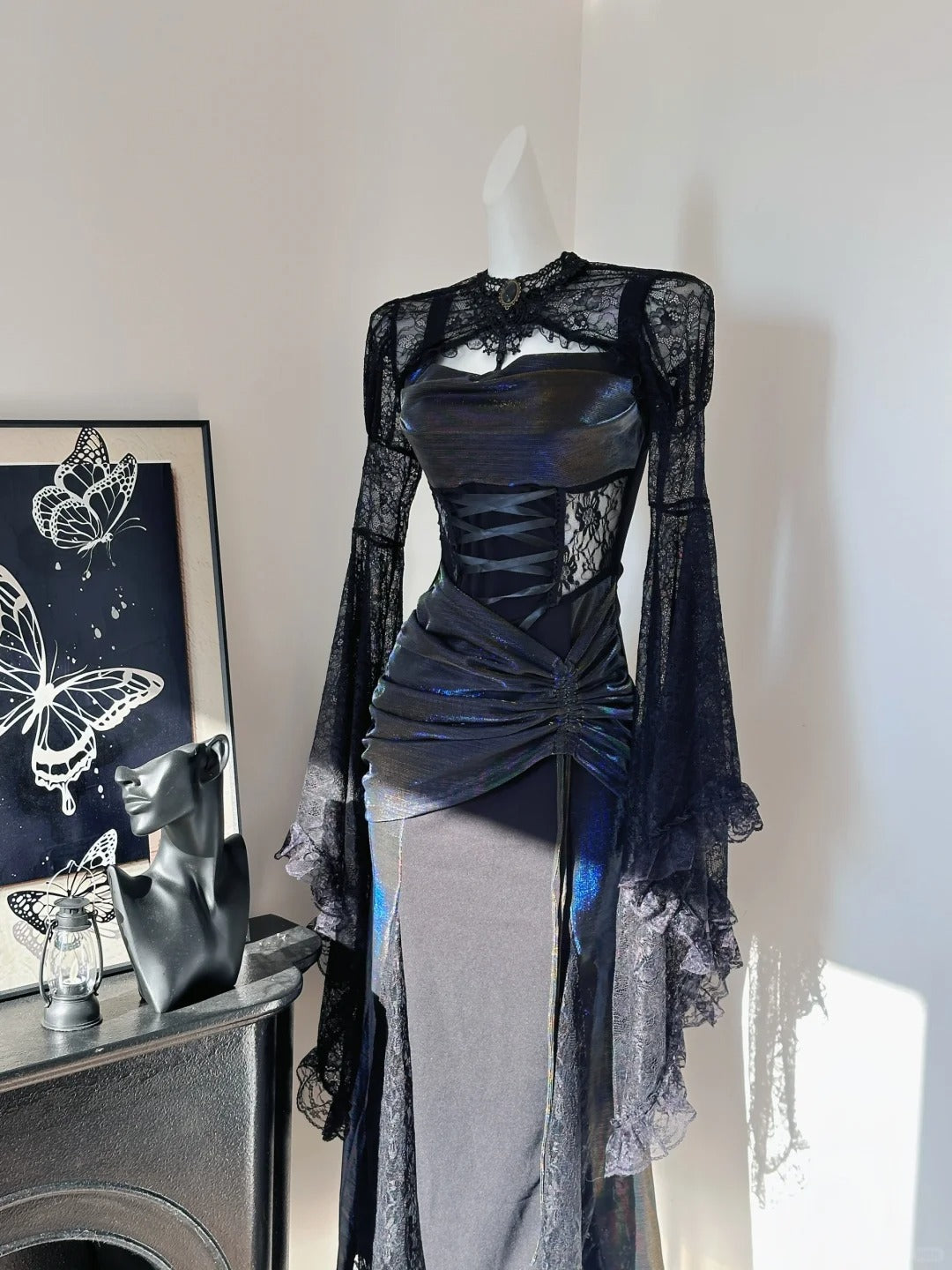 Stunning Black Mermaid Strap Lace Drawstring Prom Dress P3434