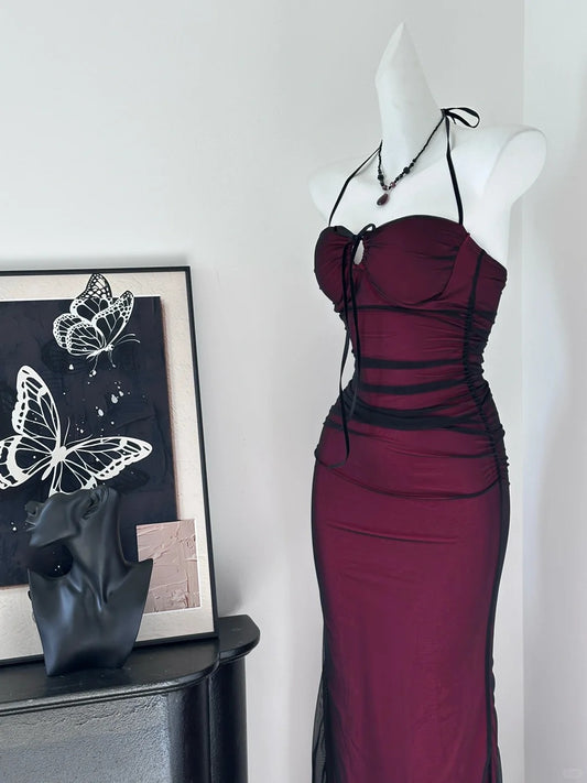 Sexy Burgundy Black Tulle Simple Mermaid Long Prom Dress P3435