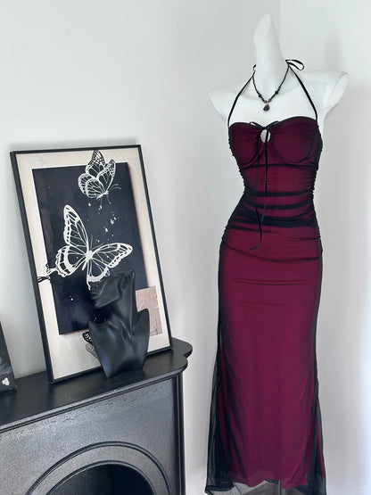 Sexy burgunder-schwarzer Tüll schlichtes Meerjungfrauen-Abendkleid P3435