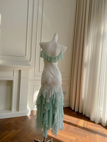 white christmas dresses Gentle Mermaid Spaghetti Strap Beaded White Chiffon Long Prom Dress Evening  Dress SH2984