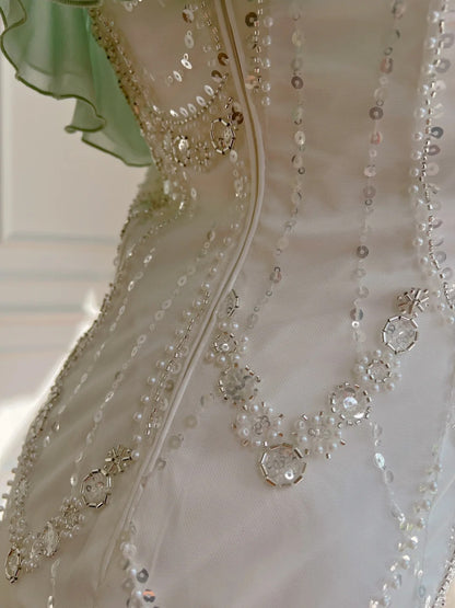 Wunderschönes Meerjungfrauen-Ballkleid aus Chiffon mit Spaghettiträgern und Perlen P3437