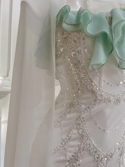Wunderschönes Meerjungfrauen-Ballkleid aus Chiffon mit Spaghettiträgern und Perlen P3437